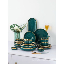 Green Porcelain Dinner Plates Dishes with Golden Rim Ceramic Cake Food Steak Plate Salad Soup Bowl Dinnerware Set for Restaurant